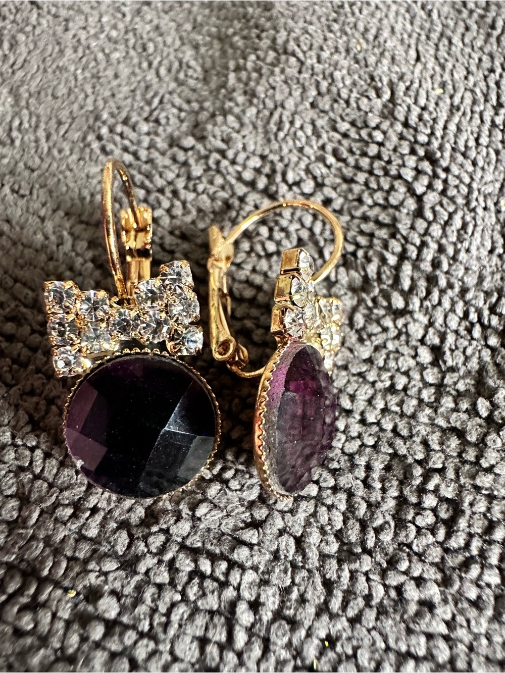 Gold-Tone Drop Earrings with Deep Purple Faceted Stones and Crystal Bows